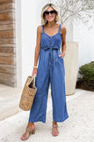 Buttoned Wide Leg Belted Chambray Strappy Jumpsuit