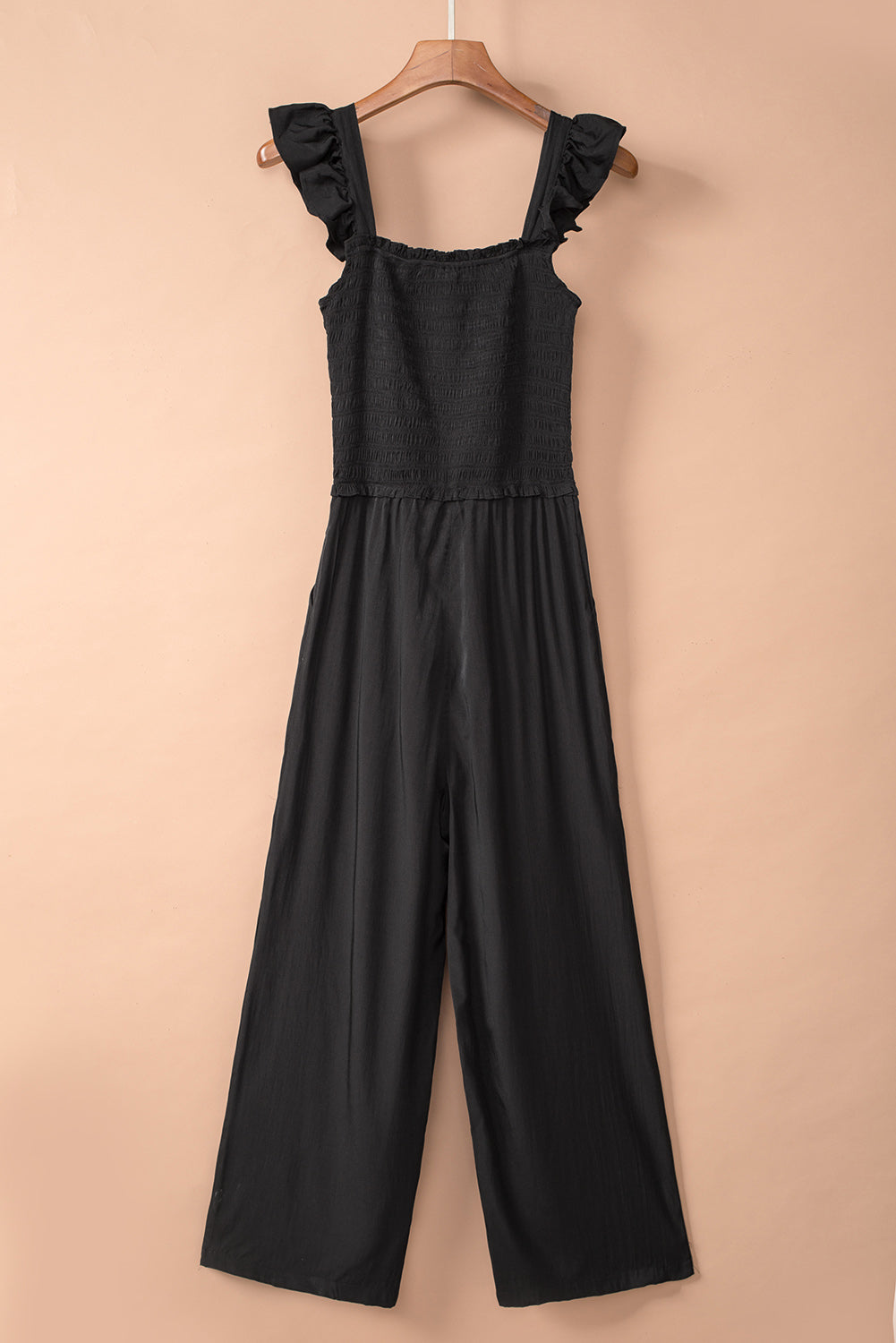 Smocked Pocketed Ruffled Sleeveless Wide Leg Jumpsuit