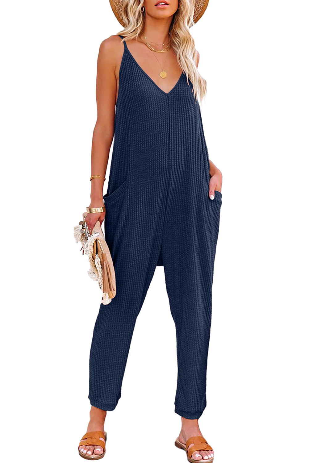 Textured Sleeveless V-Neck Pocketed Casual Jumpsuit