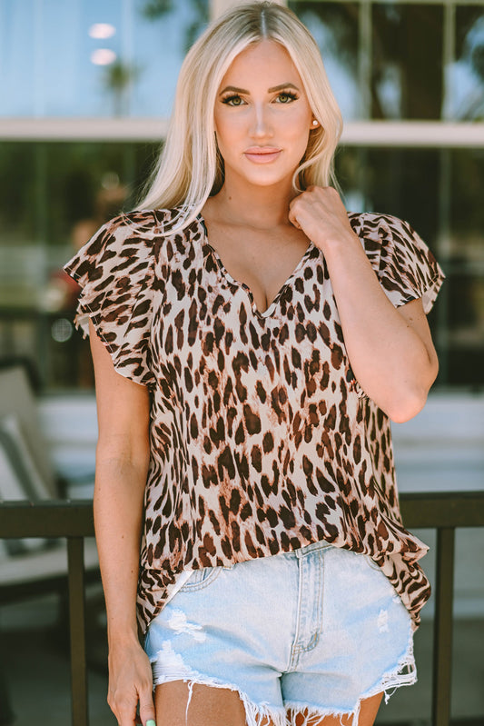 Flutter Sleeves Leopard/Abstract Print V Neck Top