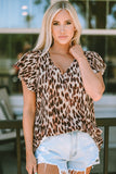 Flutter Sleeves Leopard/Abstract Print V Neck Top