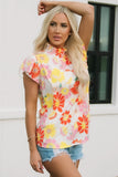 Multicolor Stand Collar Flutter Sleeves Floral Top