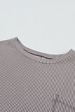 Dark Gray Ribbed Roll-tab Sleeve Chest Pocket Oversize Top