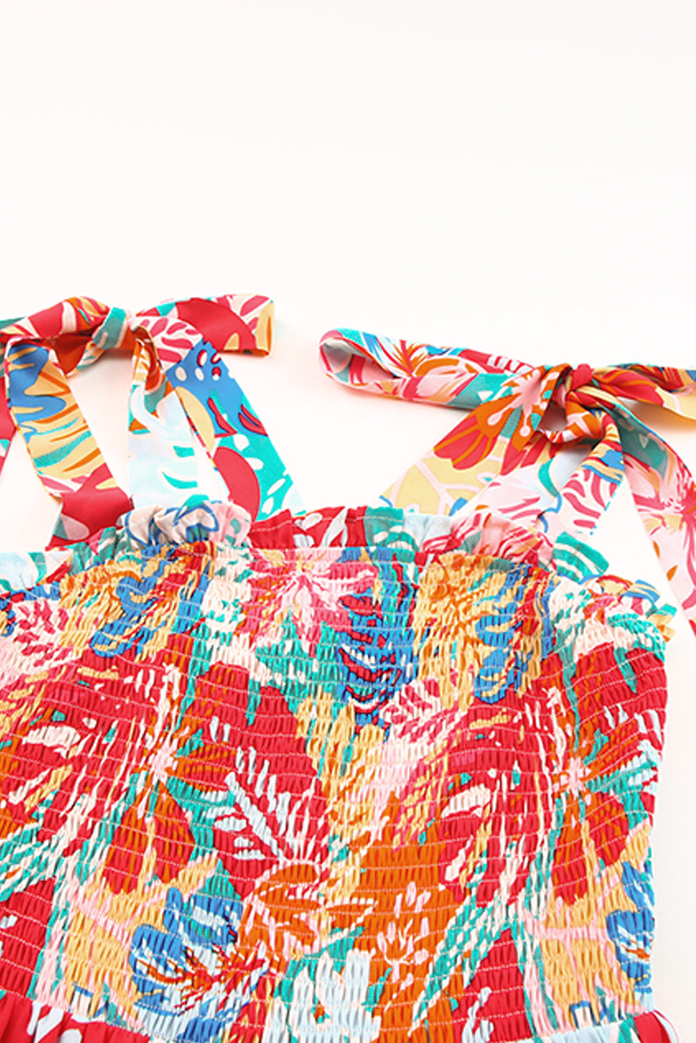 Vibrant Tropical Print Smocked Ruffle Tiered Maxi Dress