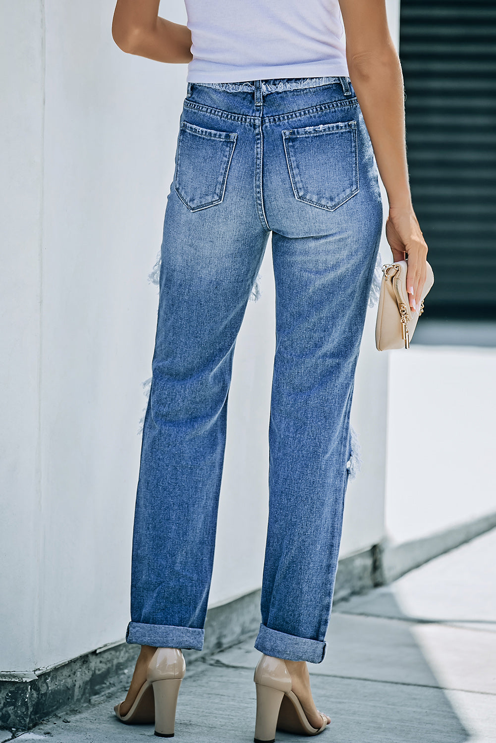 Cut Out Straight Leg Distressed Boyfriend Jeans