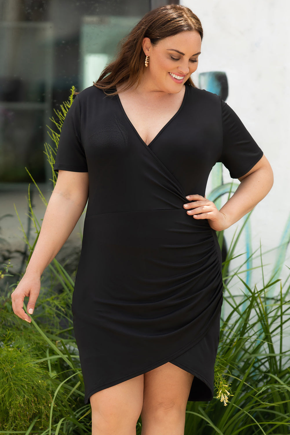 Wrap Ruched Short Sleeves Plus Size Mini Dress