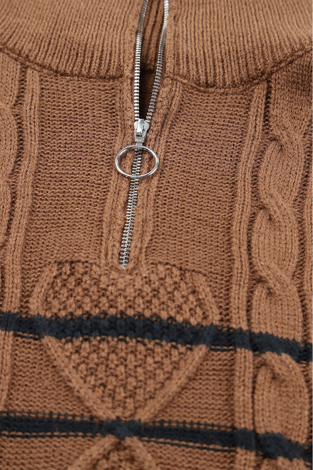 Brown Striped Half Zip Pullover Sweater