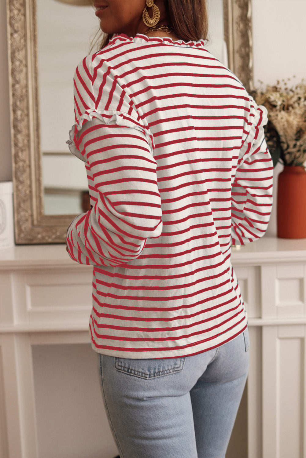 Striped Print Ruffled Buttoned Long Sleeve Top