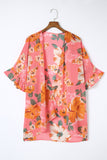 Kimono rose imprimé floral à volants et manches 3/4, coupe ample