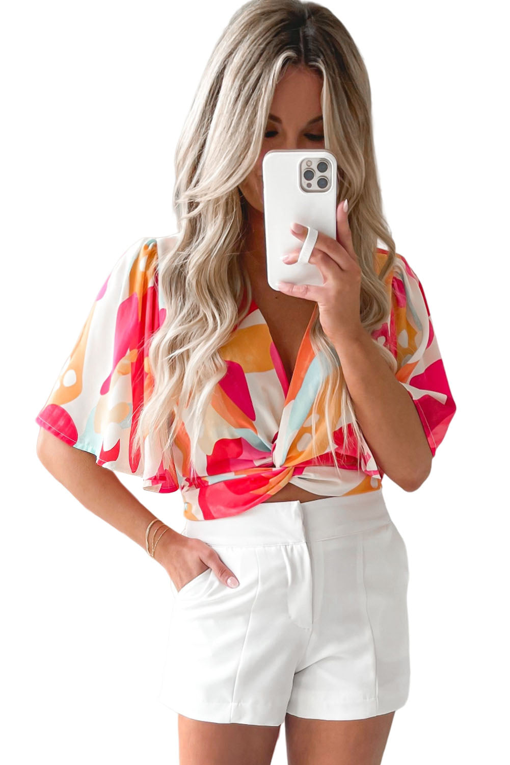 Abstract Print V Neck Twist Front Cropped Blouse