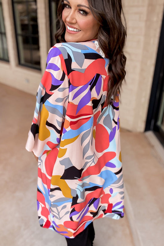 Abstract Print Quarter Sleeve Pocketed Open Front Kimono