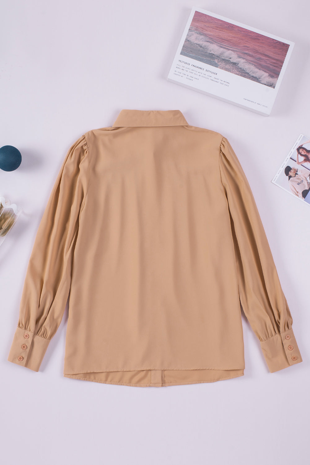 Solid Color Button Up Puff Sleeve Blouse