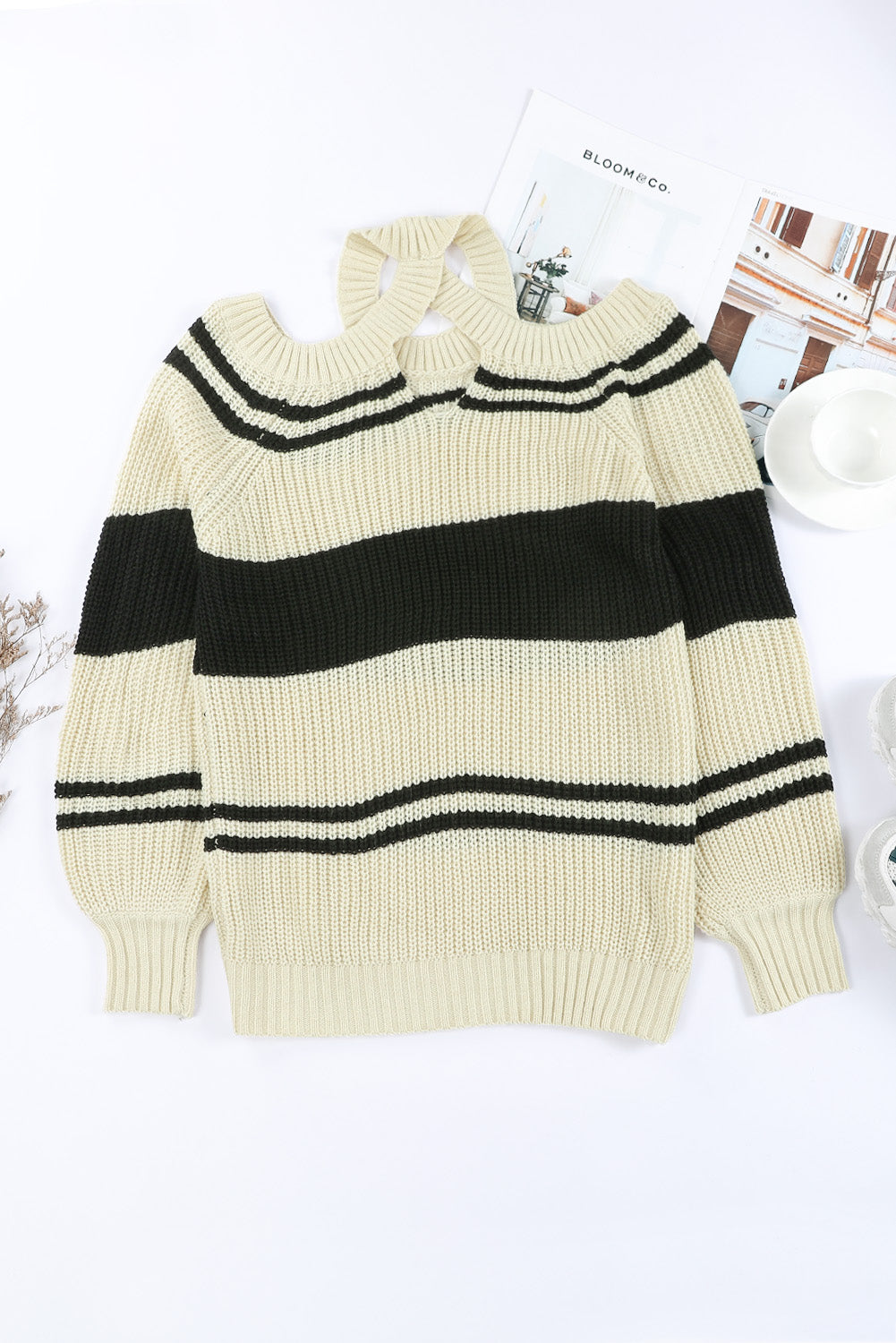 Striped Cold Shoulder Knit Sweater