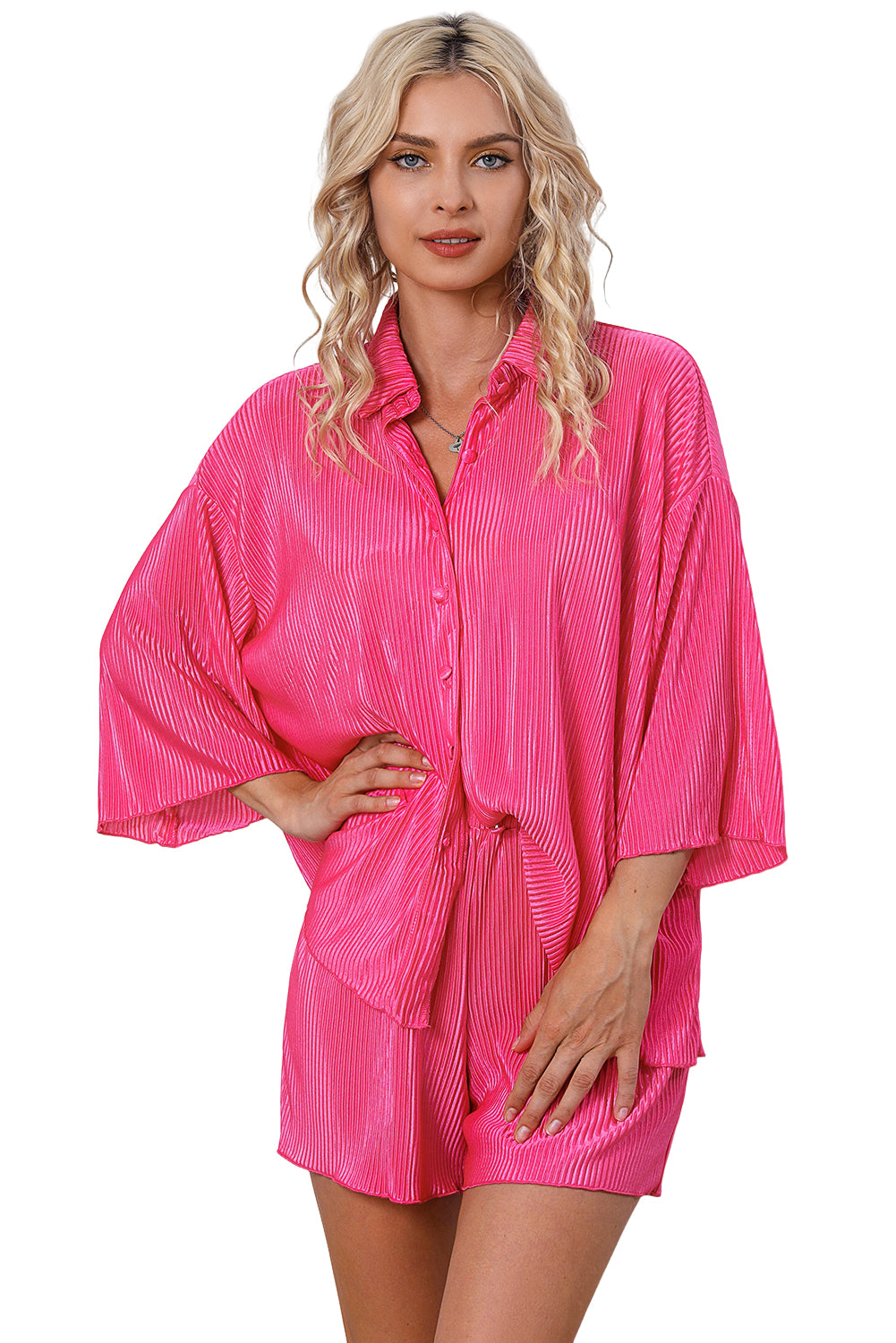 Mini-robe chemise à épaules tombantes et ceinture à boucle plissée rose