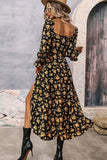 Floral Tie Square Neck Puff Sleeve Slit Dress