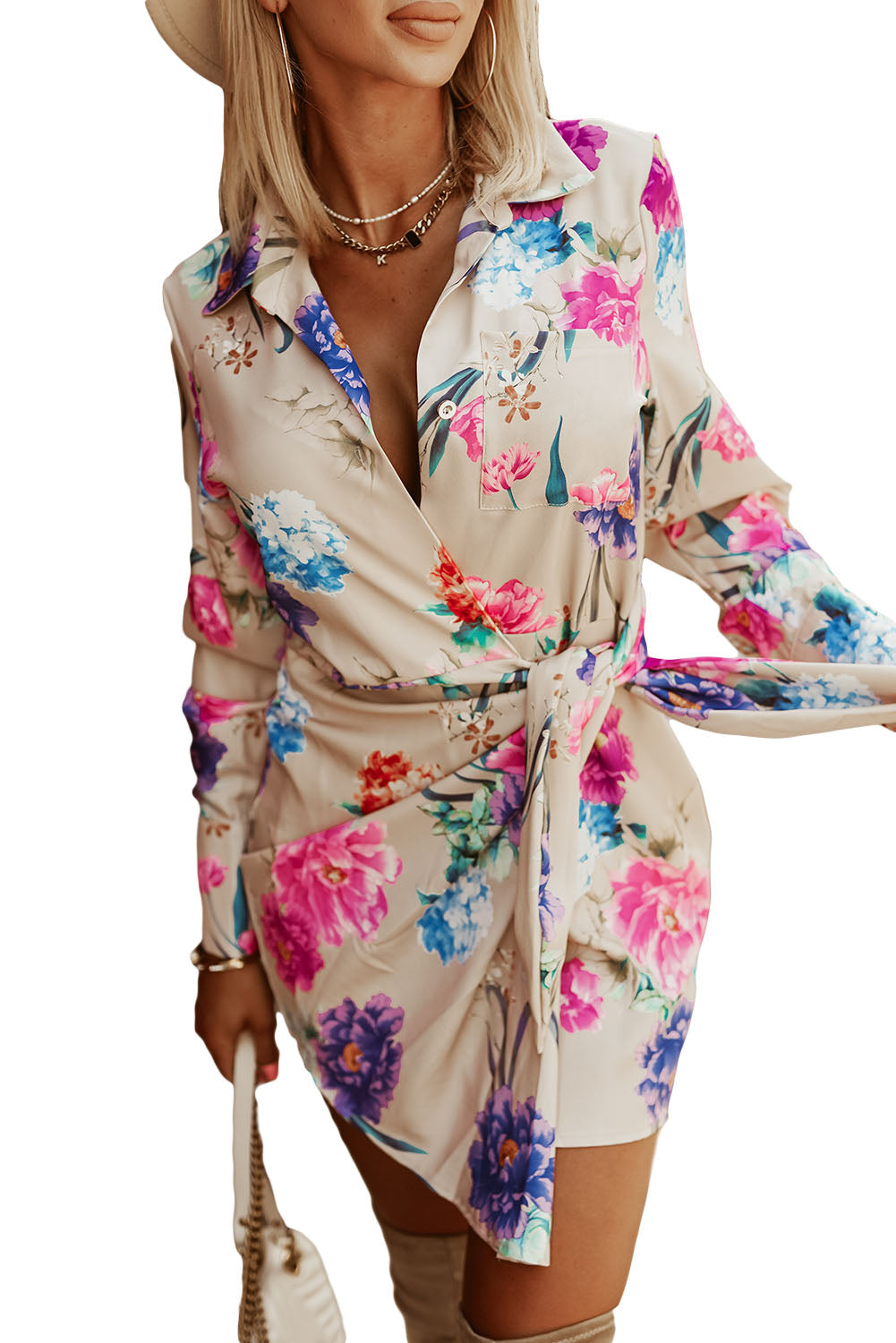 Floral Print Wrap Tie Mini Shirt Dress