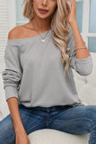 Gray V Cut Drawstring Back Waffle Knit Long Sleeve Top