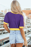 Purple Sequin Rugby Color Block Puff Short Sleeve Sweater