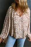 Western Print Balloon Sleeve Tassel Blouse