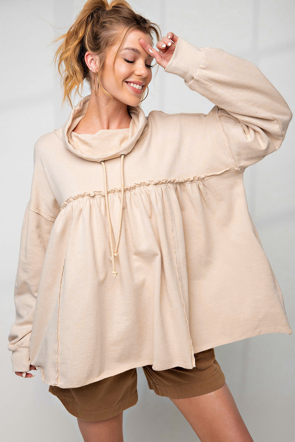 Frill Exposed Seam Cowl Neck Oversized Sweatshirt