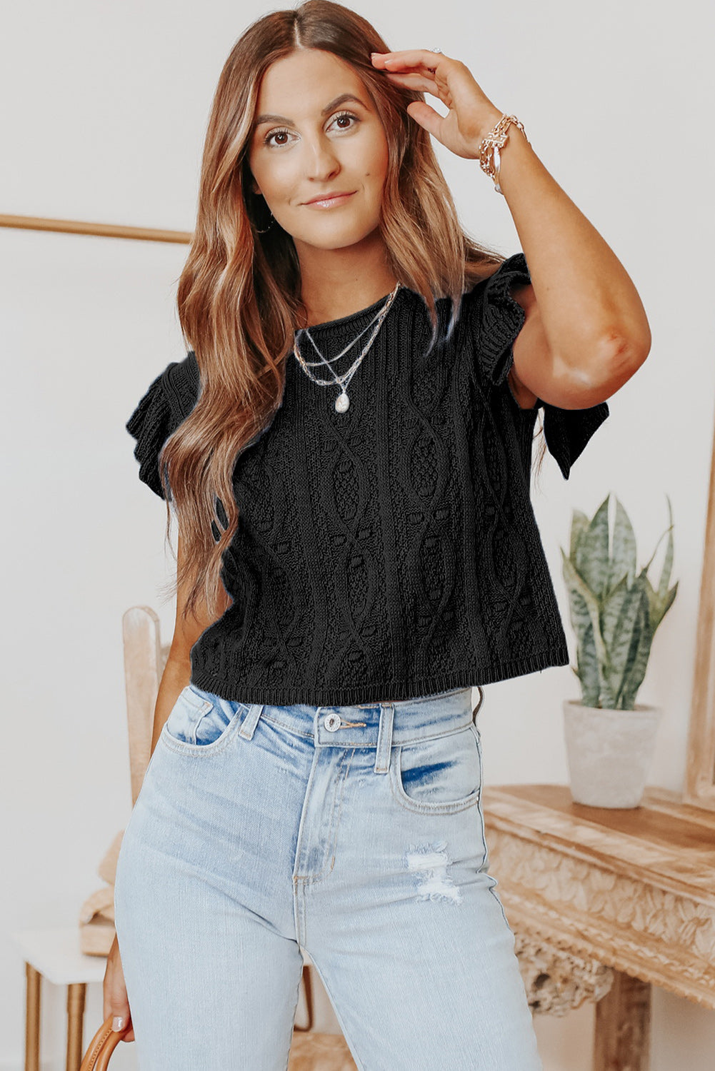 Ruffle Sleeve Cable Knit Top