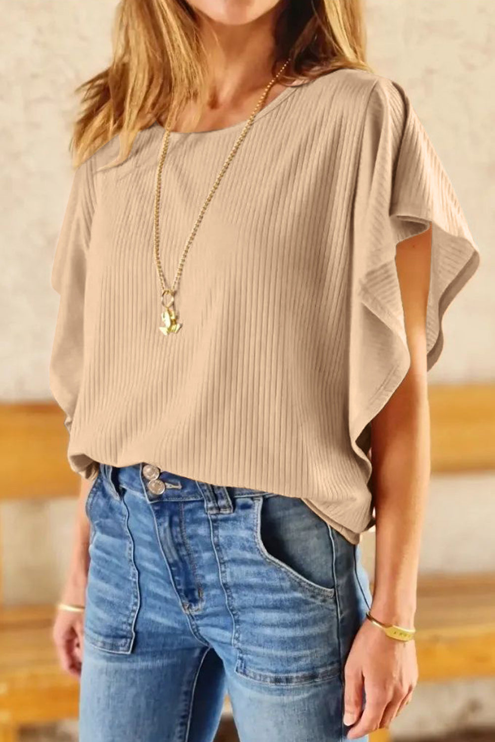 Ruffled Ribbed Knit Loose Top