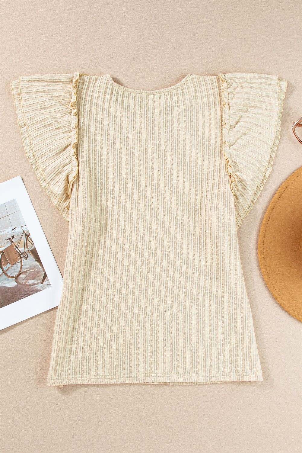 Beige Ruffled Rib Knitted Short Sleeve T Shirt