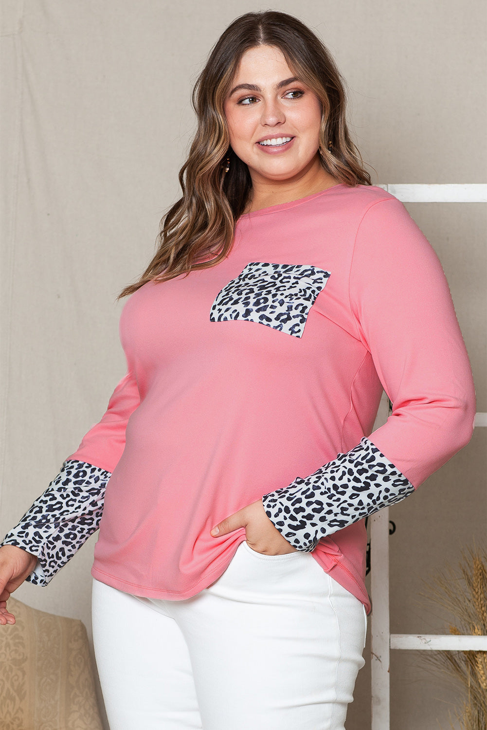 Leopard Cuffs Brushed Plus Size Top