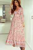 Robe longue bohème florale sexy à col en V et volants rose