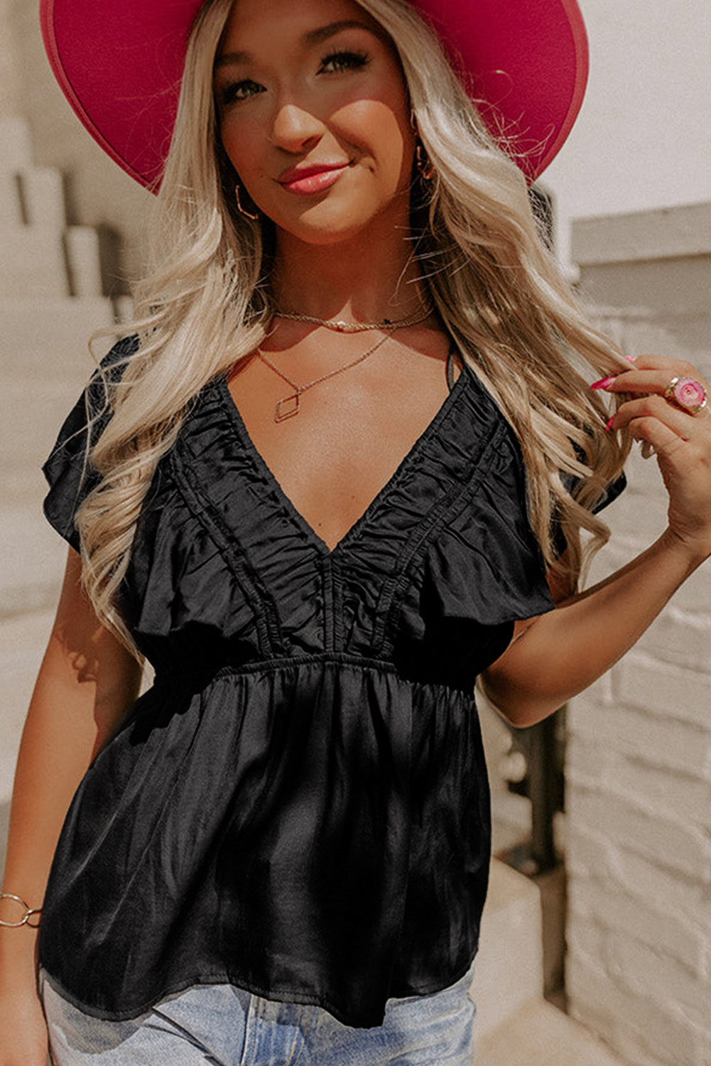 V Neck Ruffle Babydoll Peplum Top