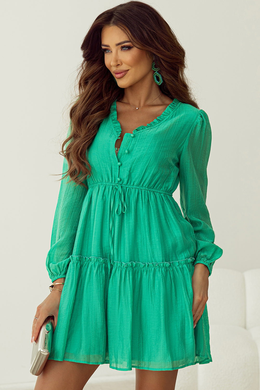 Sea Green Frilly V Neck Puff Sleeve Drawstring Shift Mini Dress