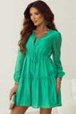 Sea Green Frilly V Neck Puff Sleeve Drawstring Shift Mini Dress