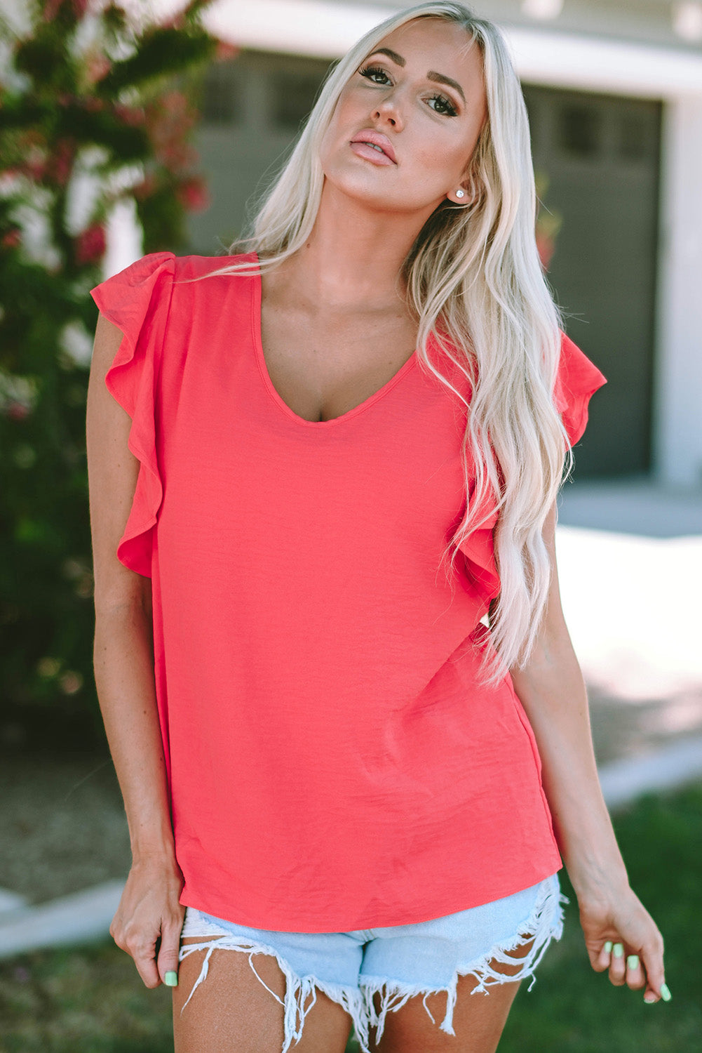 V Neck Ruffle Sleeve Loose Top