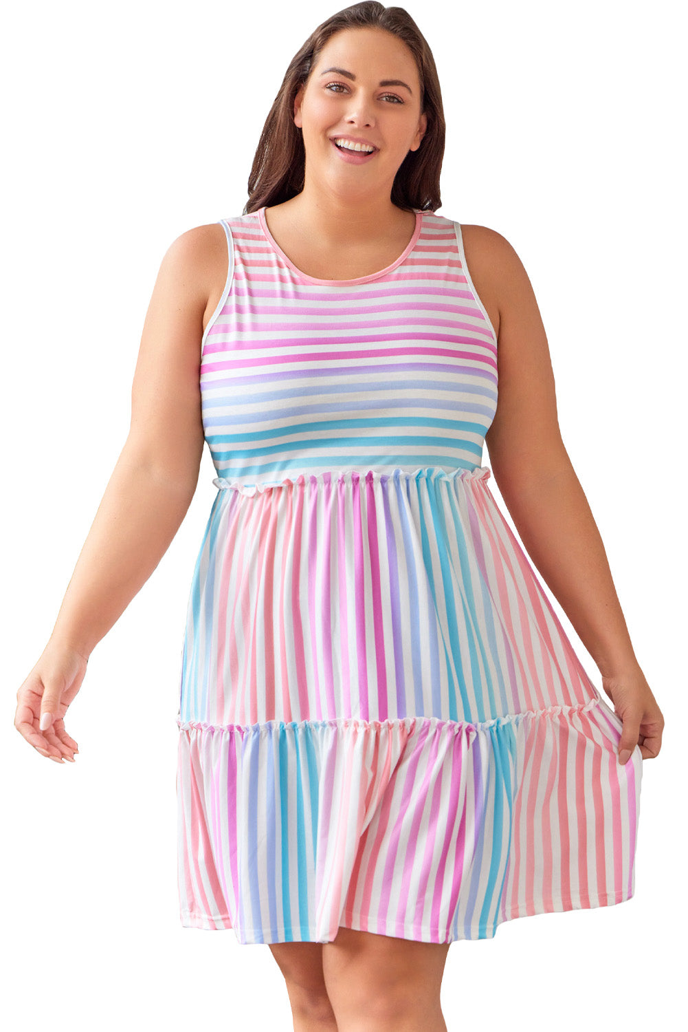 Robe multicolore à rayures ombrées, sans manches, à plusieurs niveaux, grande taille