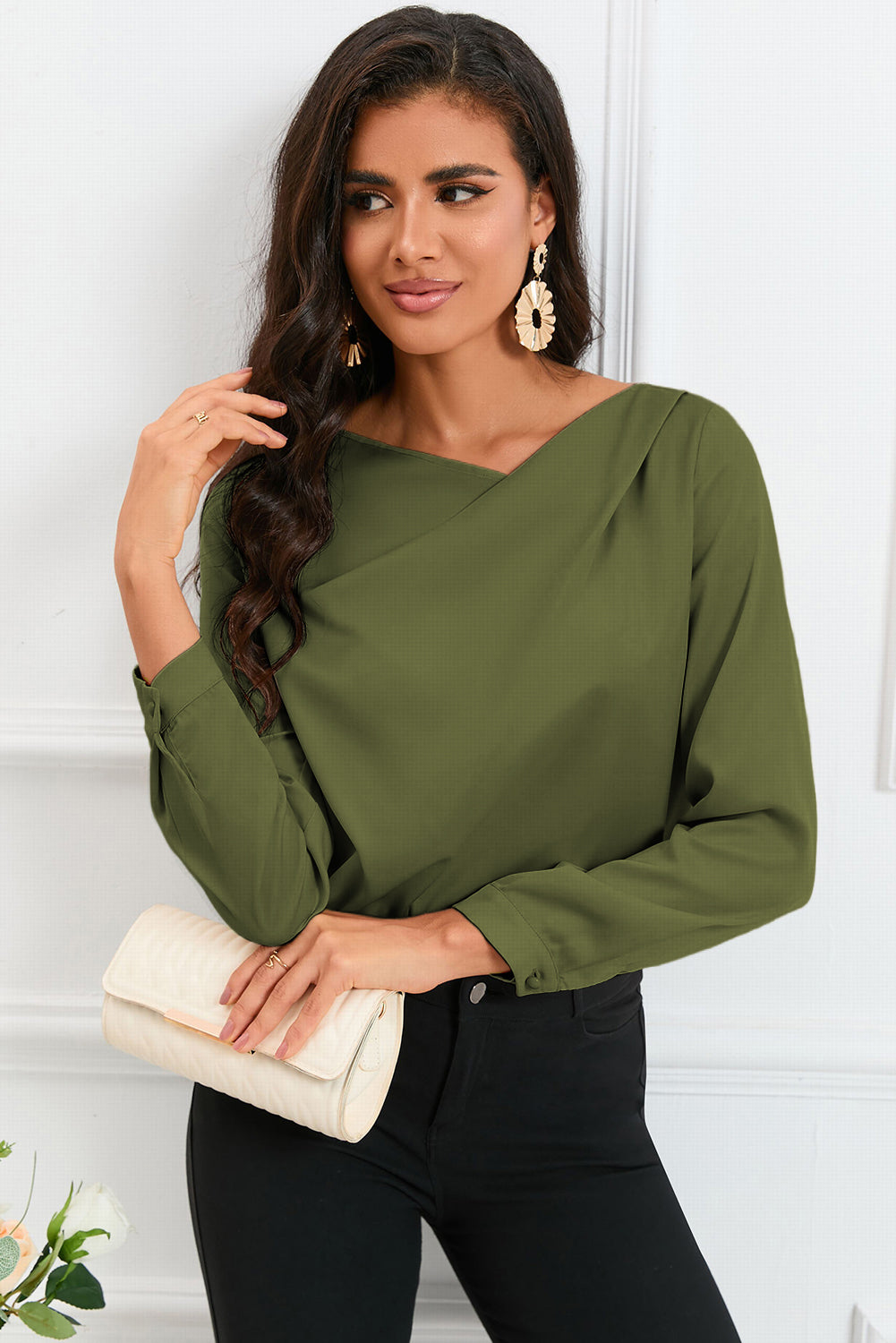 Solid Asymmetric V Neck Long Sleeve Satin Blouse