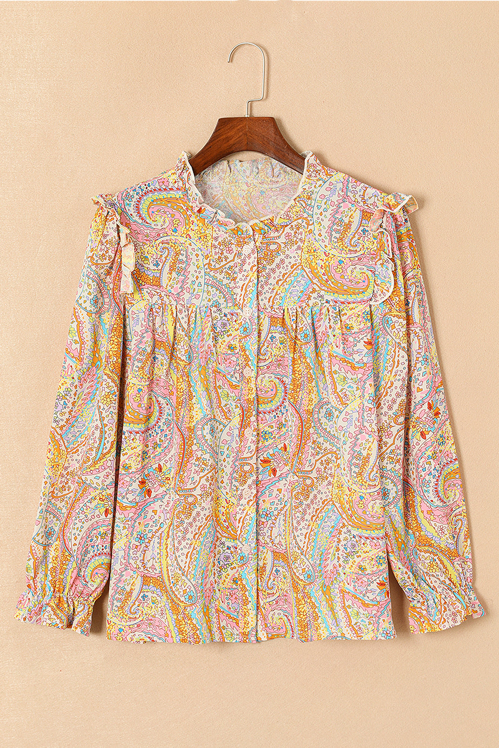 Paisley Print Ruffled Trim Boho Shirt