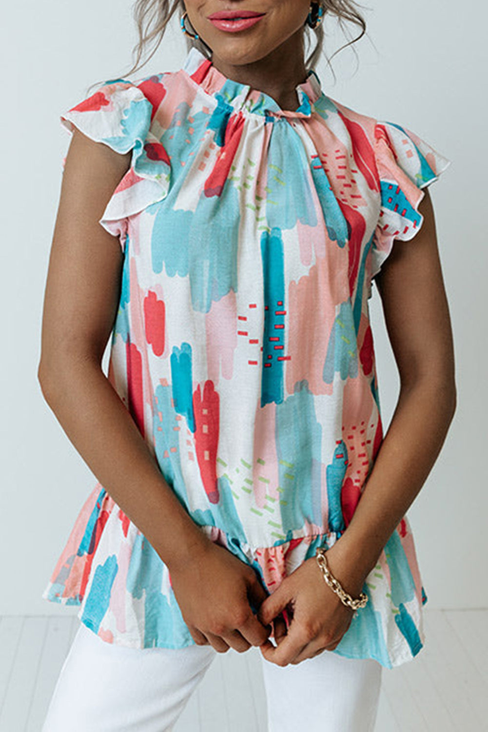 Color Block Ruffled Mock Neck Ruffled Top