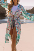 Kimono floral multicolore à manches longues et à pompons 