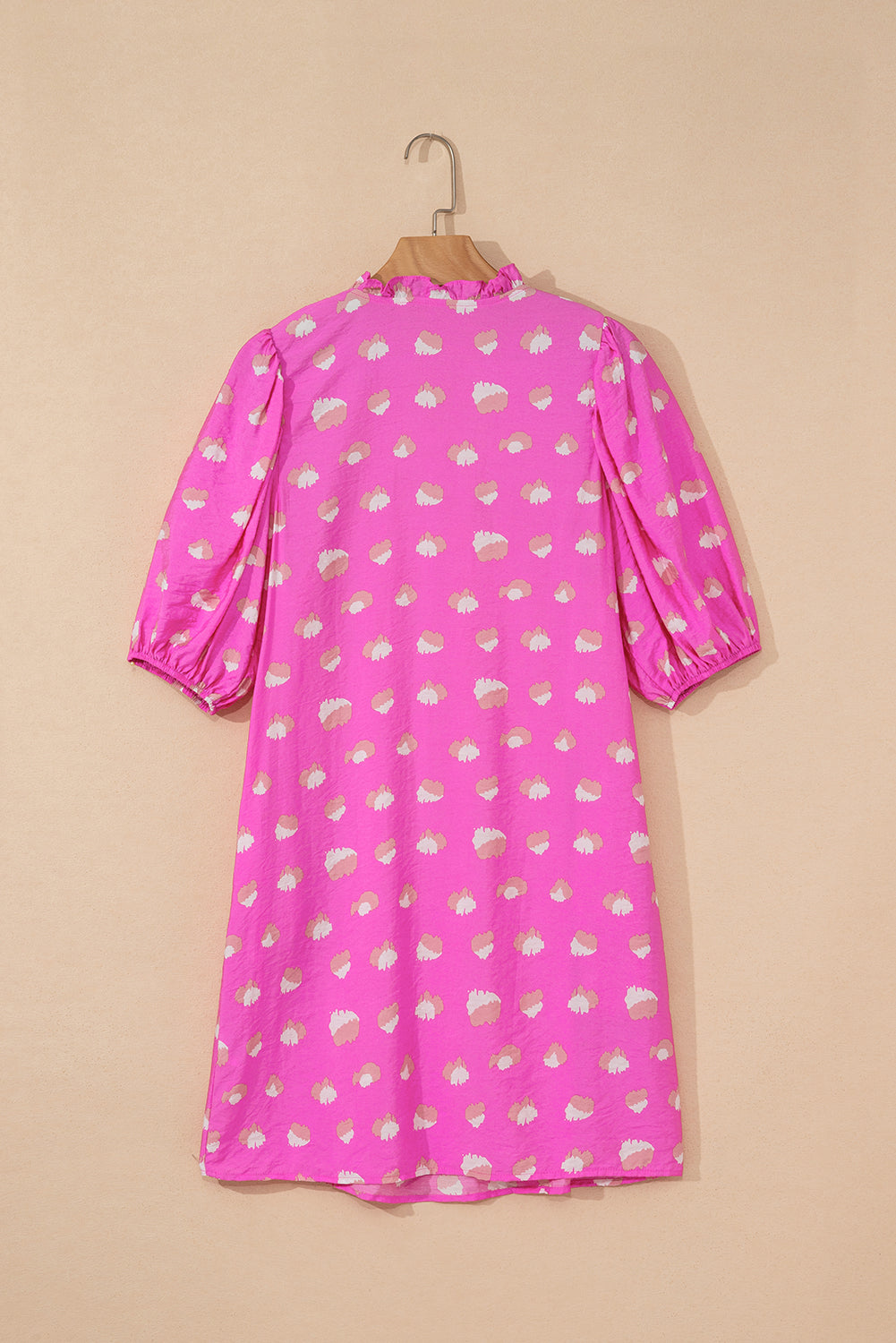 Bright Pink Printed Shirred Yoke Half Puff Sleeve Dress