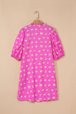 Bright Pink Printed Shirred Yoke Half Puff Sleeve Dress