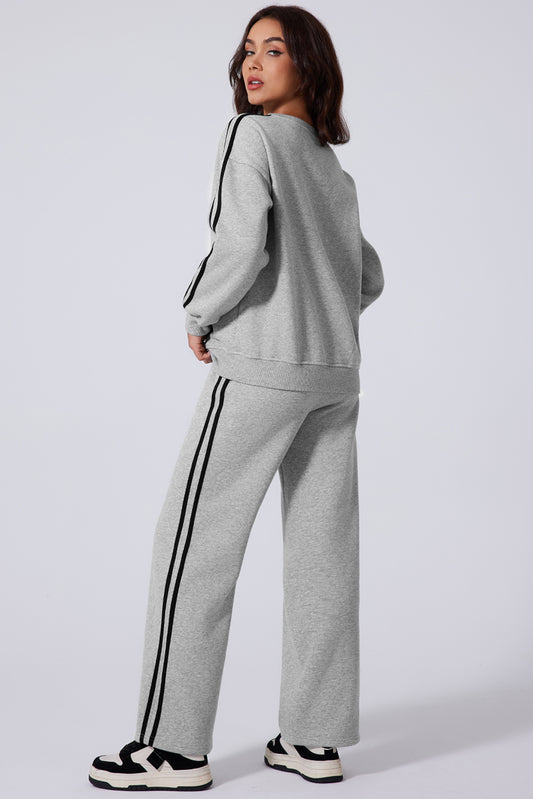 Light Grey Solid Color Side Striped Sweatshirt Active Set