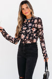 Black Floral Mesh Mock Neck Long Sleeve Slim Fit Top