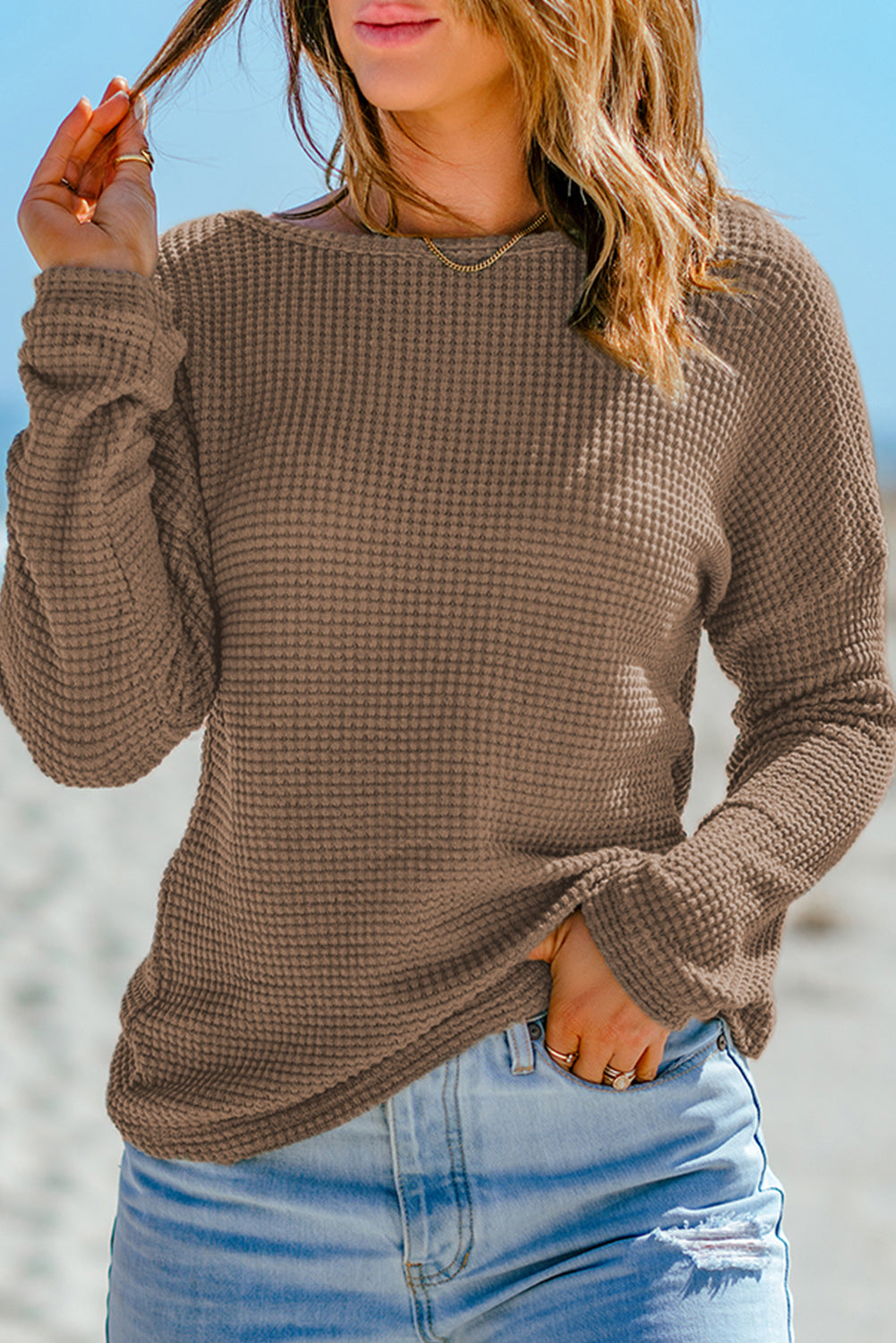 Green Waffle Knit Drop Shoulder Long Sleeve Top