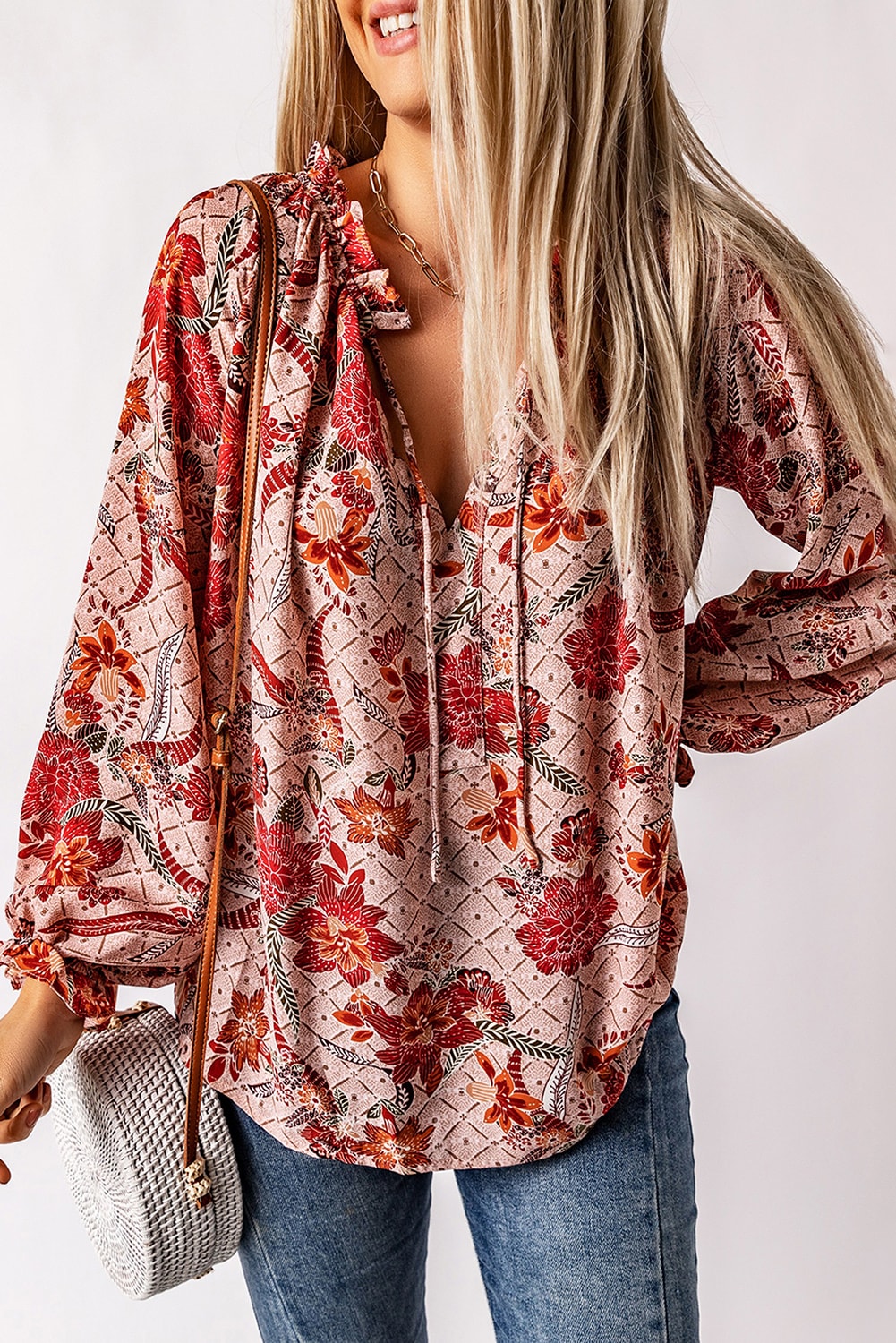 Split V Neck Printed Blouse