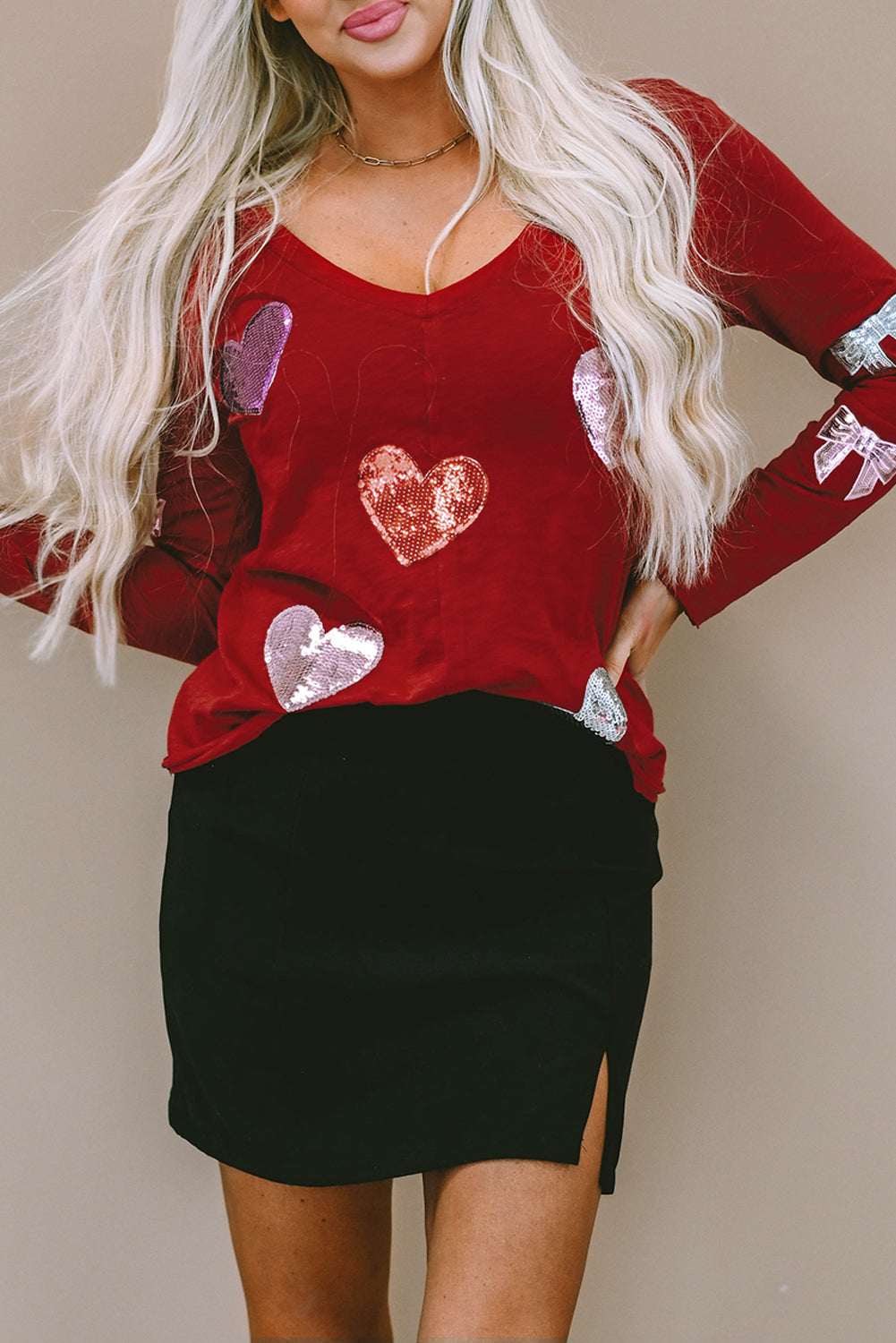 Red Solid Color Patchwork Long Sleeve Top