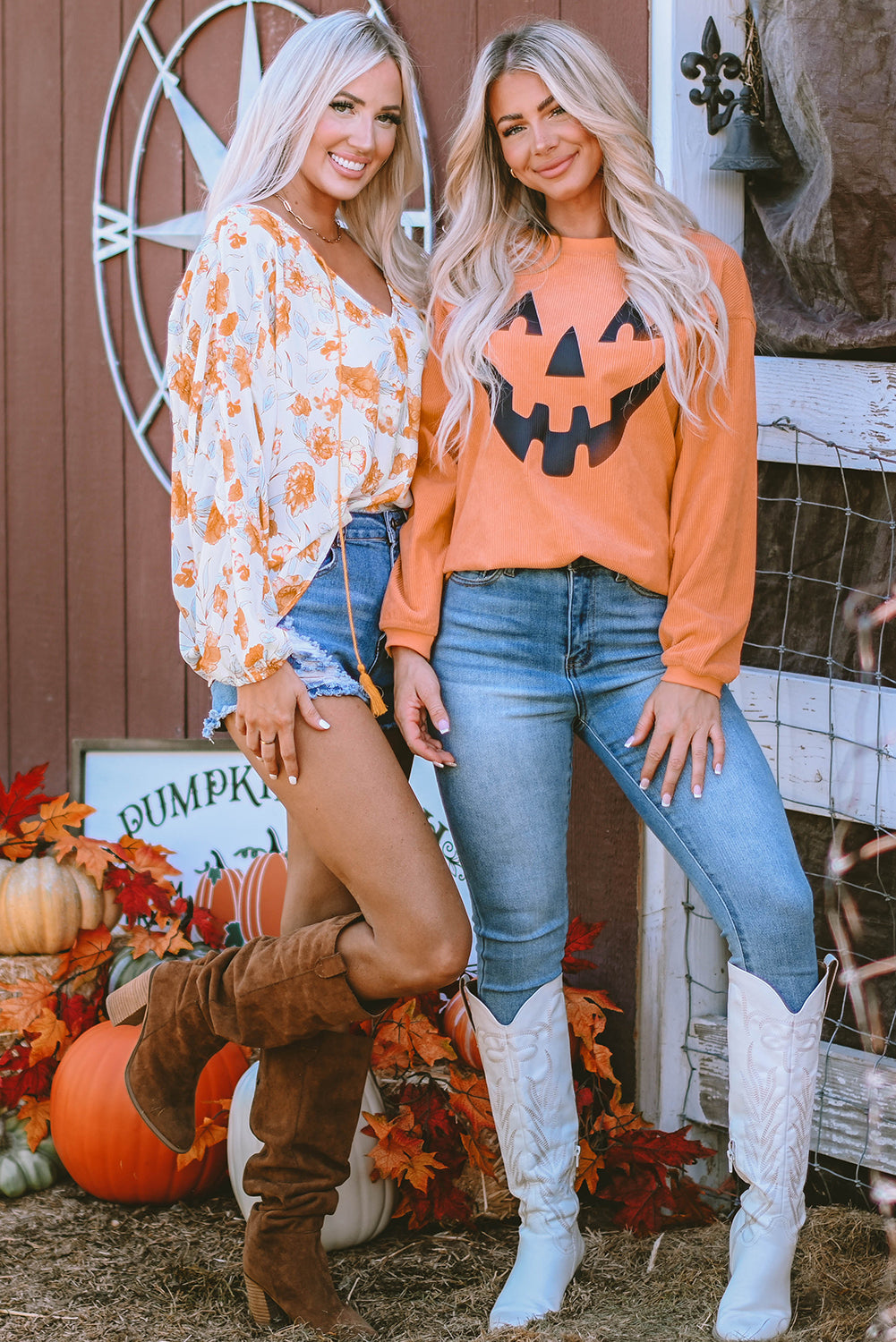 Orange Spooky Season Ghost Print Ribbed Pullover Sweatshirt