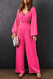 V Neck Bubble Sleeve Cut out Waist Wide Leg Jumpsuit