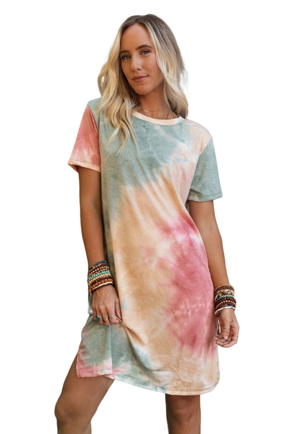 Robe t-shirt fendue surdimensionnée multicolore tie-dye