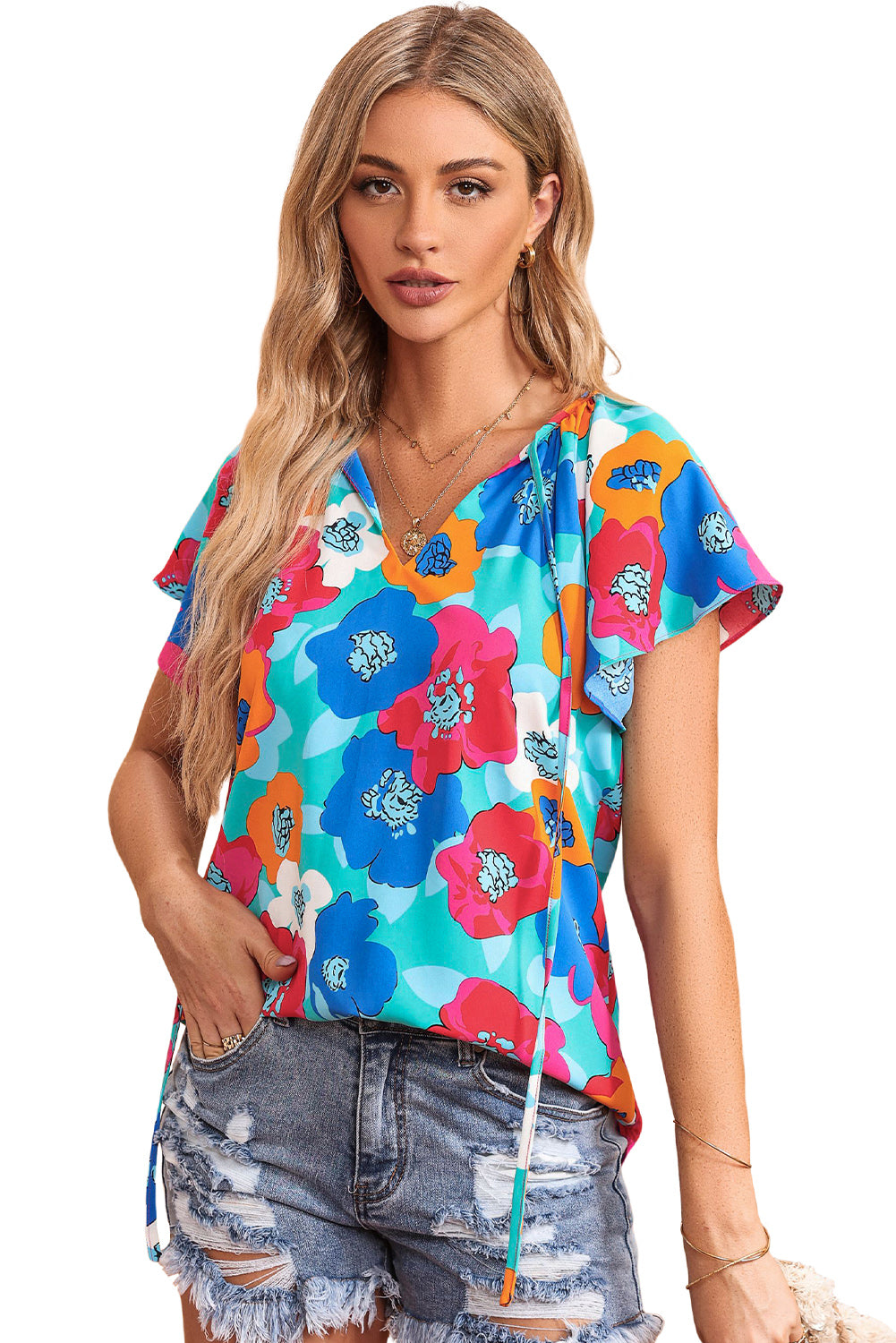 Sky Blue Multicolor Abstract Print High Neck Flutter Sleeves Top