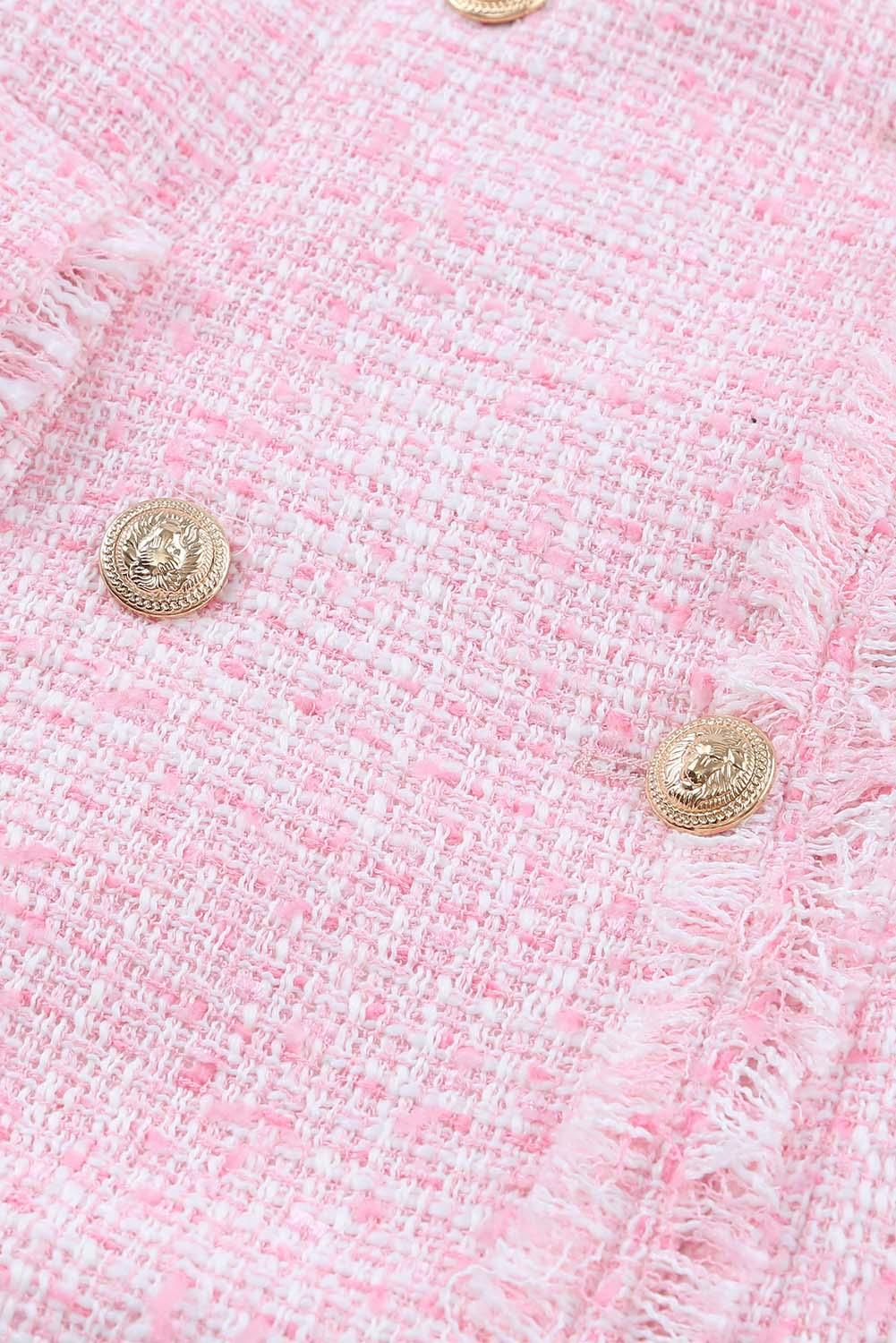 Robe gilet rose à double boutonnage en tweed à bords effilochés